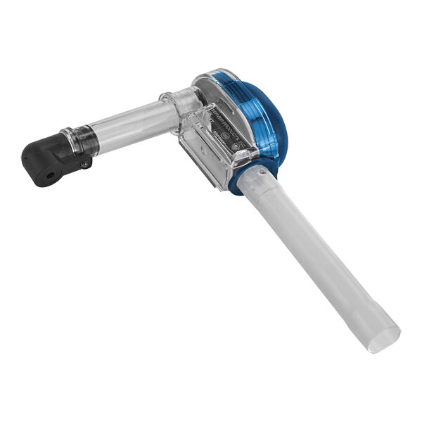 A blue and black plastic touchless express pump with a blue cap.