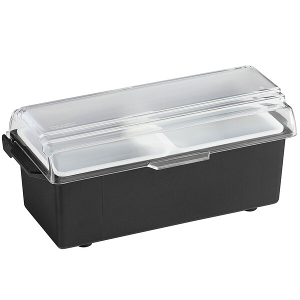 A black plastic Vollrath Kondi-Keeper with clear lid holding two 1-quart containers.