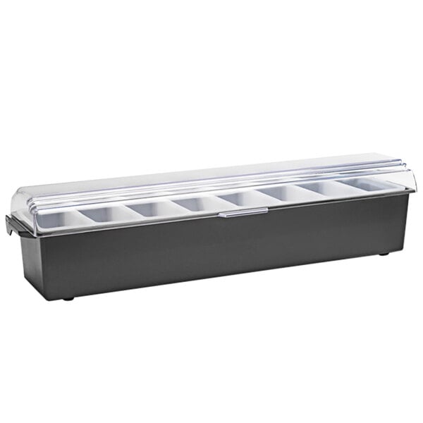 A black Vollrath plastic condiment bar with eight compartments.