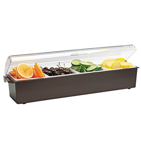 A brown plastic Vollrath Kondi-Keeper condiment bar with containers of different fruits and vegetables.