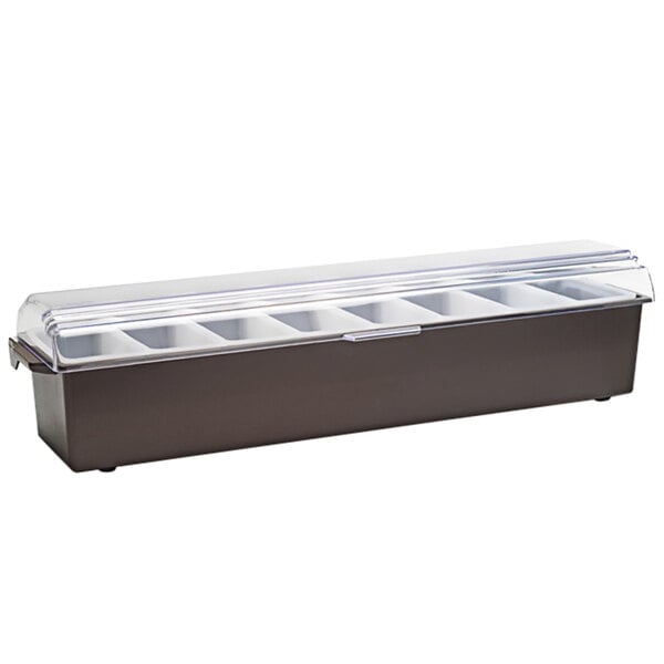 A Vollrath brown plastic condiment bar with 8 compartments.