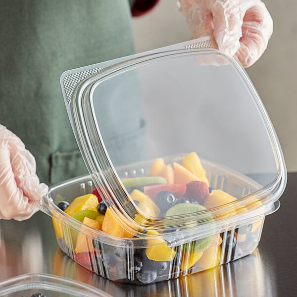 Choice 32 oz. Clear RPET Tall Hinged Deli Container with Domed Lid - 50/Pack