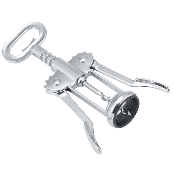 A silver stainless steel Vollrath winged corkscrew and bottle opener.