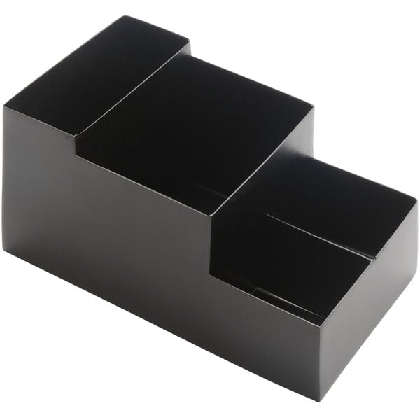 A black rectangular stainless steel caddy with three compartments.