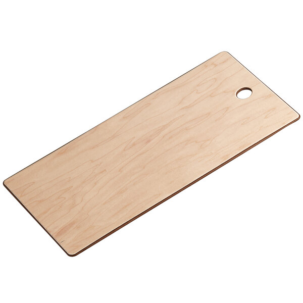 An American Metalcraft rectangular maple pressed wood serving board with a hole in the middle.