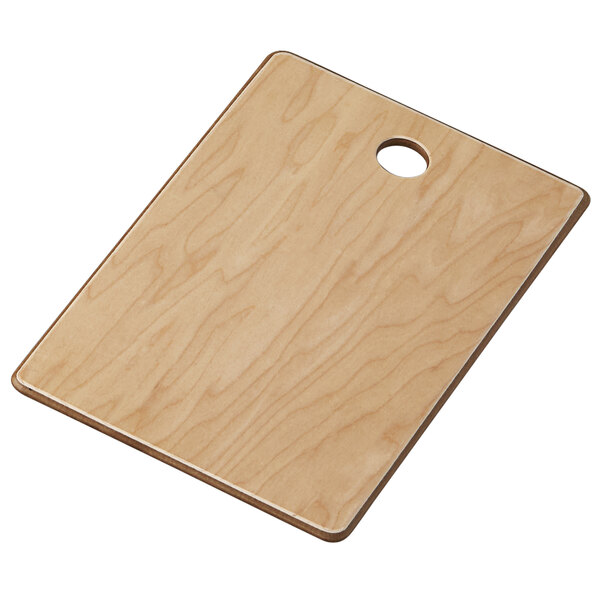 An American Metalcraft rectangular maple pressed wood serving board with a hole in the corner.