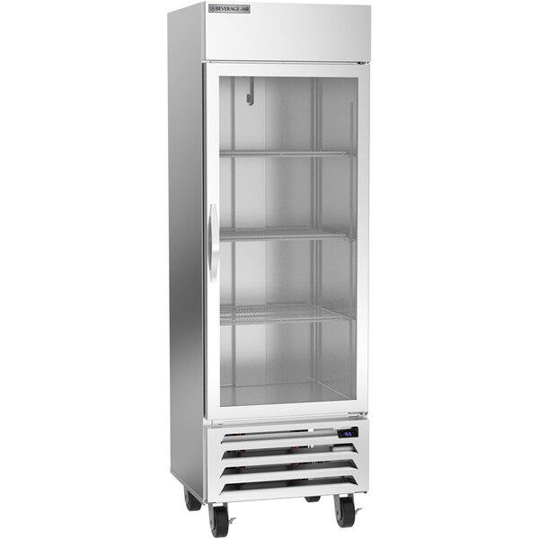 A Beverage-Air reach-in freezer with a glass door.
