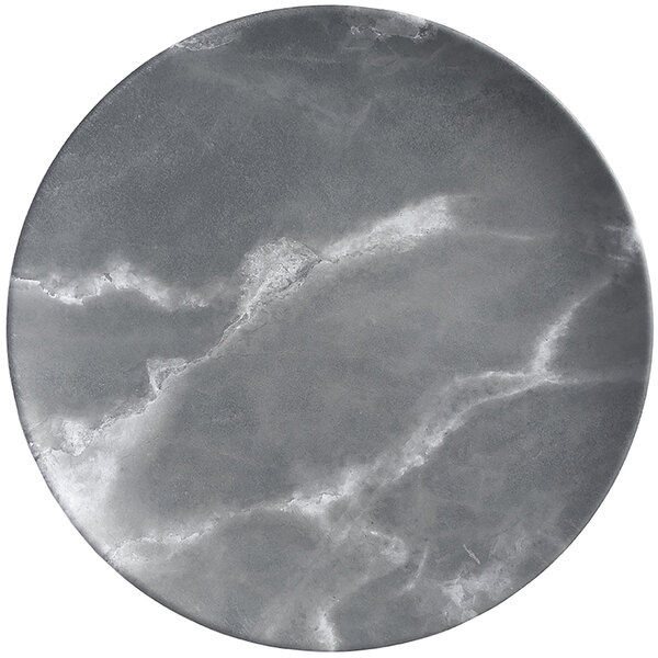 An American Metalcraft grey marble round coupe melamine plate with a grey marbled surface and white veins.