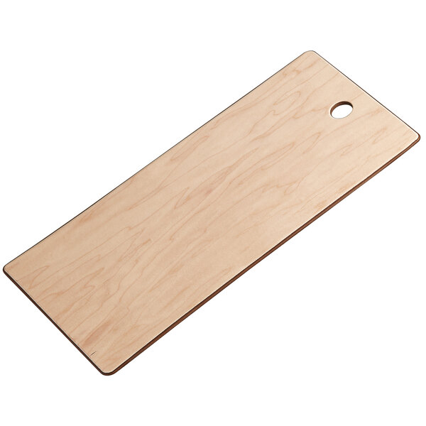 An American Metalcraft rectangular maple pressed wood serving board with a hole in the middle.
