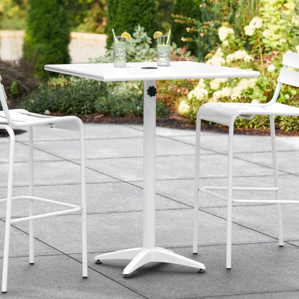 Lancaster Table & Seating 32" x 32" White Powder-Coated Aluminum Bar Height Outdoor Table with Umbrella Hole