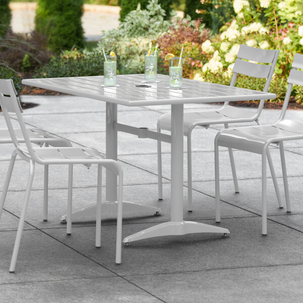 Lancaster Table & Seating 32" x 48" Silver Powder-Coated Aluminum Dining Height Outdoor Table with Umbrella Hole