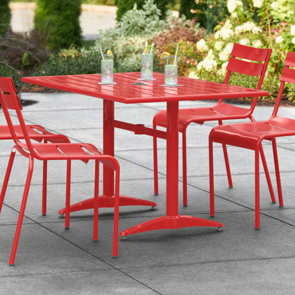 Lancaster Table & Seating 32" x 48" Red Powder-Coated Aluminum Dining Height Outdoor Table with Umbrella Hole