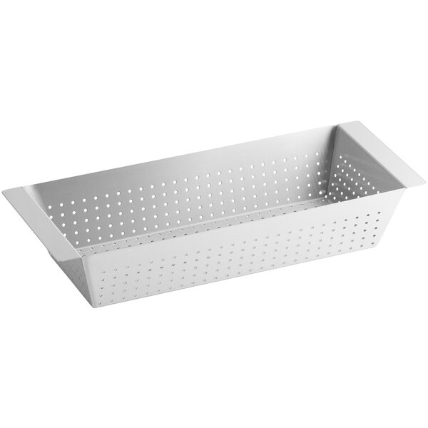 A silver rectangular stainless steel strainer with holes.