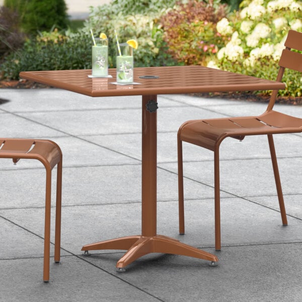 Lancaster Table & Seating 32" x 32" Brown Powder-Coated Aluminum Dining Height Outdoor Table with Umbrella Hole