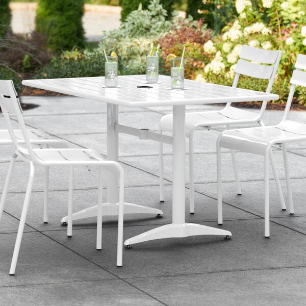 Lancaster Table & Seating 32" x 48" White Powder-Coated Aluminum Dining Height Outdoor Table with Umbrella Hole