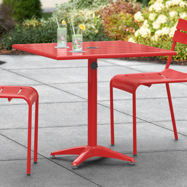 Lancaster Table & Seating 32" x 32" Red Powder-Coated Aluminum Dining Height Outdoor Table with Umbrella Hole