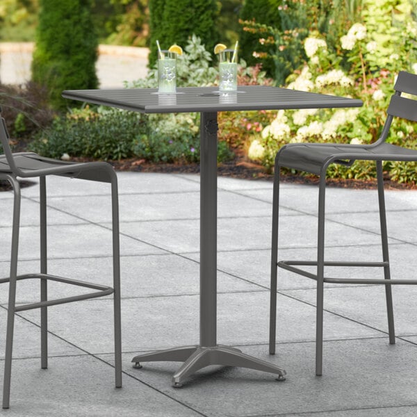 Lancaster Table & Seating 32" x 32" Gray Powder-Coated Aluminum Bar Height Outdoor Table with Umbrella Hole