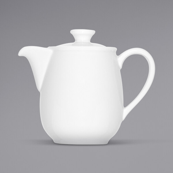 A close-up of a Bauscher bright white porcelain teapot with a handle.