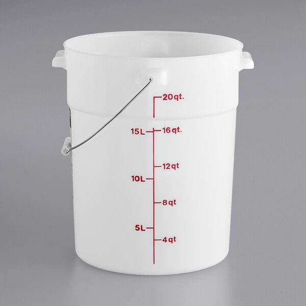 A white Cambro round bucket with a handle and red measurement lines.