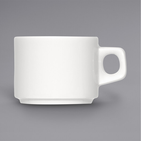 A Bauscher bright white porcelain espresso cup with a handle.