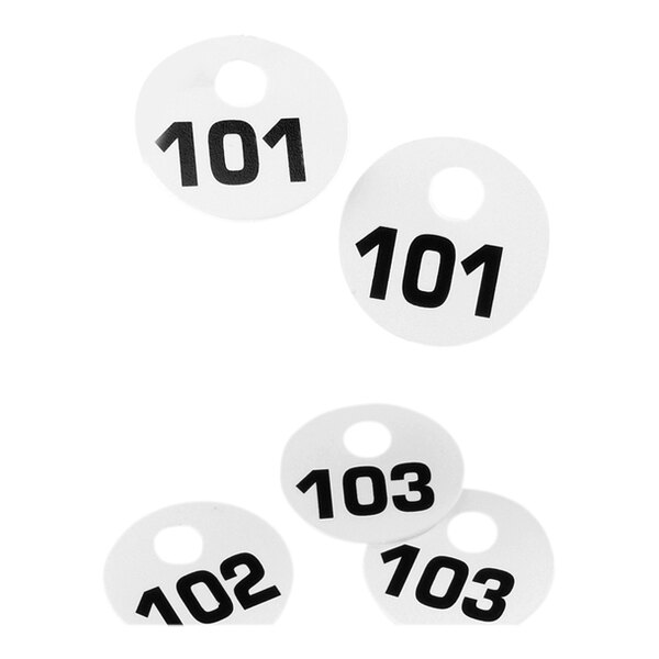 A group of white Cal-Mil plastic coat check tags with black numbers 101-200.