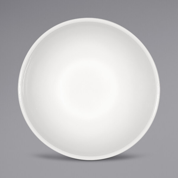 A Bauscher bright white porcelain bowl with a black circle around it.