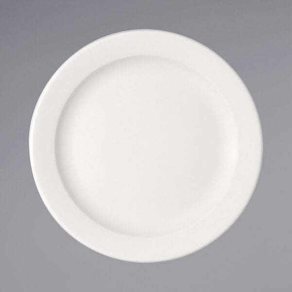 A Bauscher bright white porcelain plate with a white mid rim.