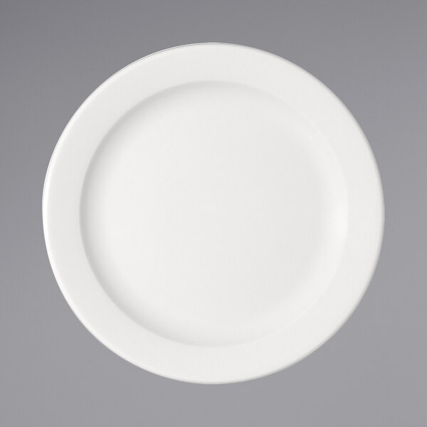 A Bauscher bright white porcelain plate with a white border.