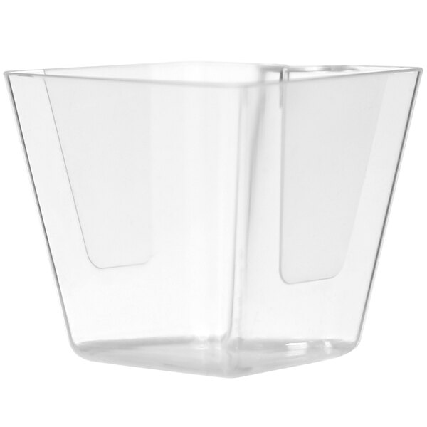 A clear Fineline clear compostable mini cube cup with a white background.