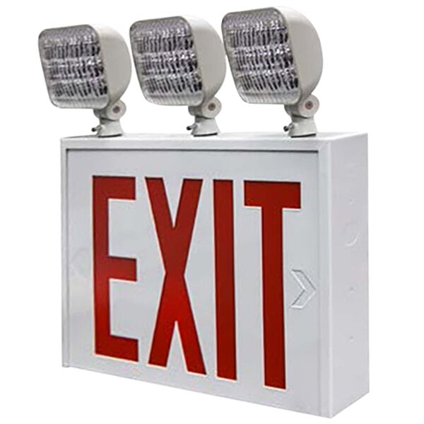 A white rectangular exit sign with red LED lights.