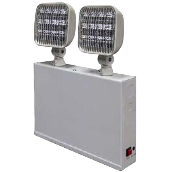 A white rectangular Lavex emergency light with two lights.