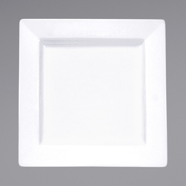 An International Tableware bright white square porcelain plate with a square edge and white rim.