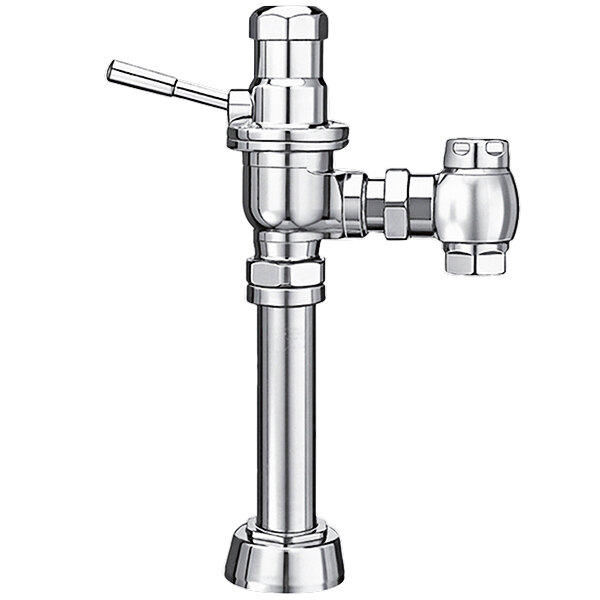 A silver metal Sloan water closet flushometer with a lever on top.