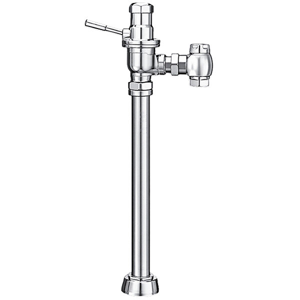 A close-up of a chrome Sloan DOLPHIN water closet flushometer with a handle and pipe.