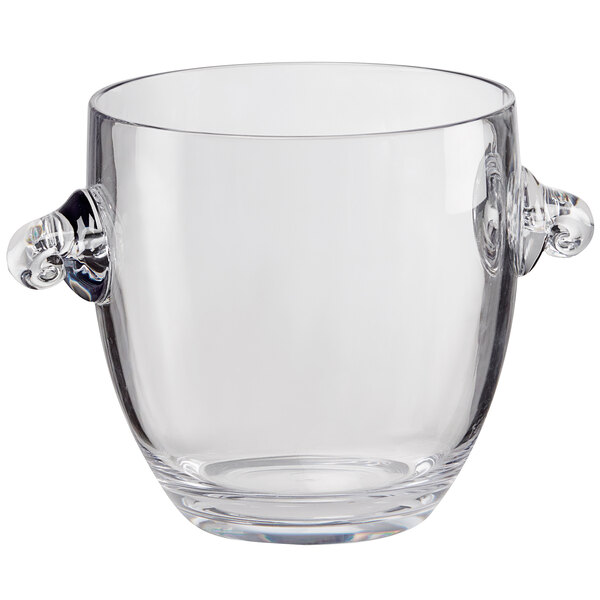 A clear polycarbonate ice bucket with handles.