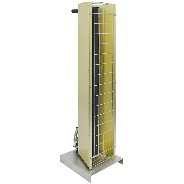 A yellow TPI FSP Series infrared heater on a stand with wire mesh.