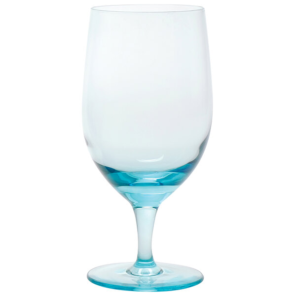 A close up of a clear Fortessa Gala wine glass with a blue rim.