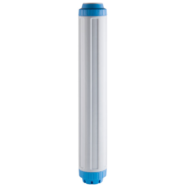 A white and blue water filter cartridge with a white scale.