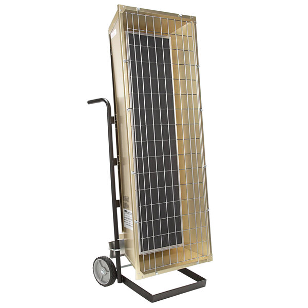 A TPI portable infrared flat panel heater on a hand truck.