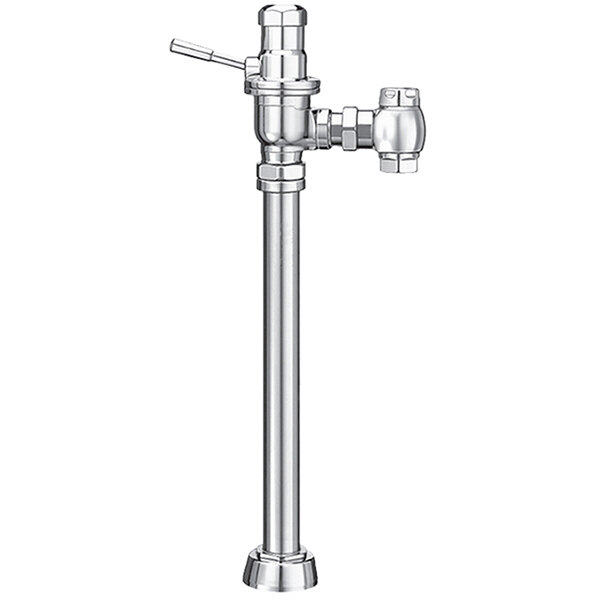 A chrome metal Sloan Dolphin manual toilet flushometer with a lever.