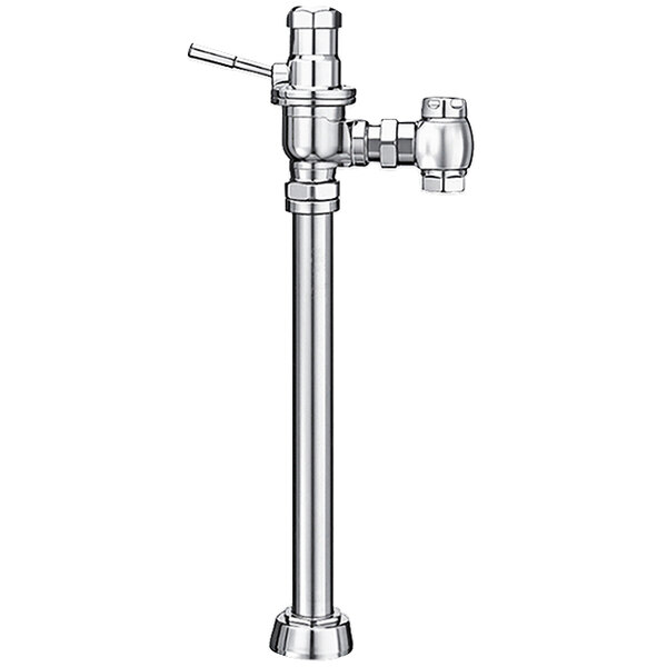 A chrome Sloan DOLPHIN manual service sink flushometer with a pipe connection.