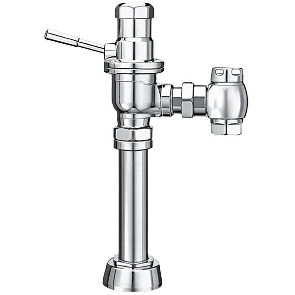 A chrome Sloan water closet flushometer with a lever on a silver metal pipe.