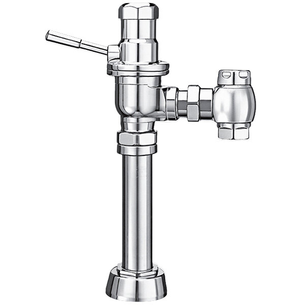 A chrome Sloan DOLPHIN water closet flushometer with a metal pipe and handle.