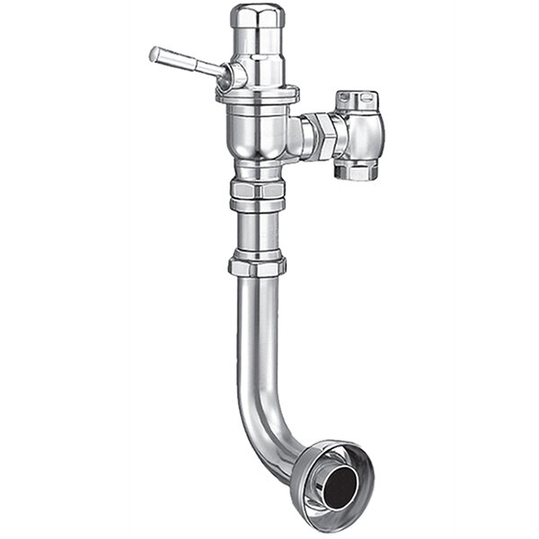 A chrome Sloan water closet flushometer pipe with a lever.