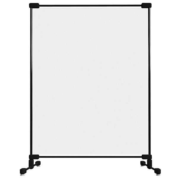 A white rectangular PVC safety partition with a black fiberglass frame.