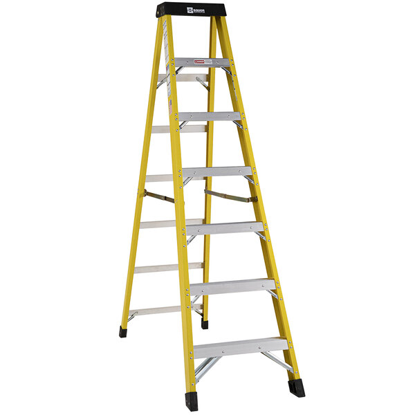 A yellow Bauer fiberglass step ladder with black steps.