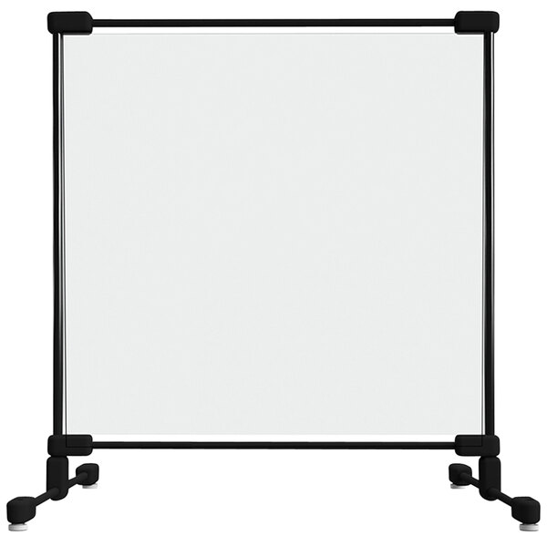 A clear PVC desktop safety partition with a black fiberglass frame.
