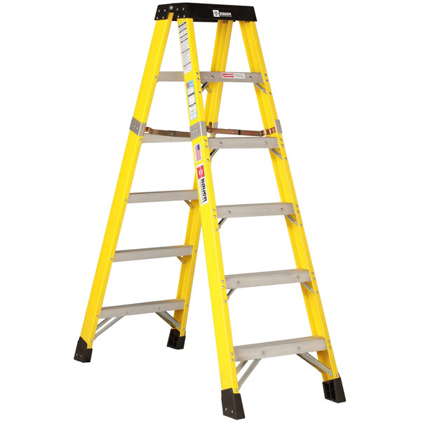 A yellow Bauer Corporation fiberglass 2-way step ladder with black accents.