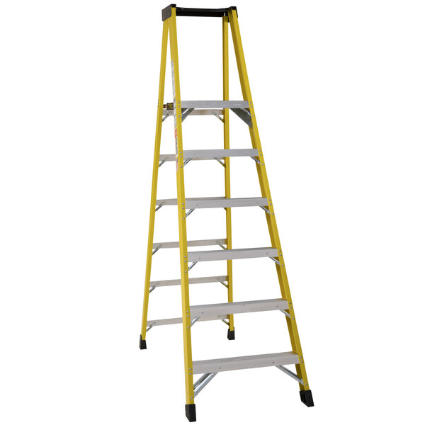 A Bauer Corporation yellow fiberglass platform ladder with steel platform.