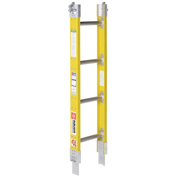 A yellow ladder with silver metal rails.